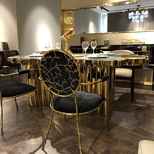 LeiJinNuo Modern Dining Set for Home, Kitchen, Dining Room wStorage Racks, Rectangular Table, Steel Frame, Gold