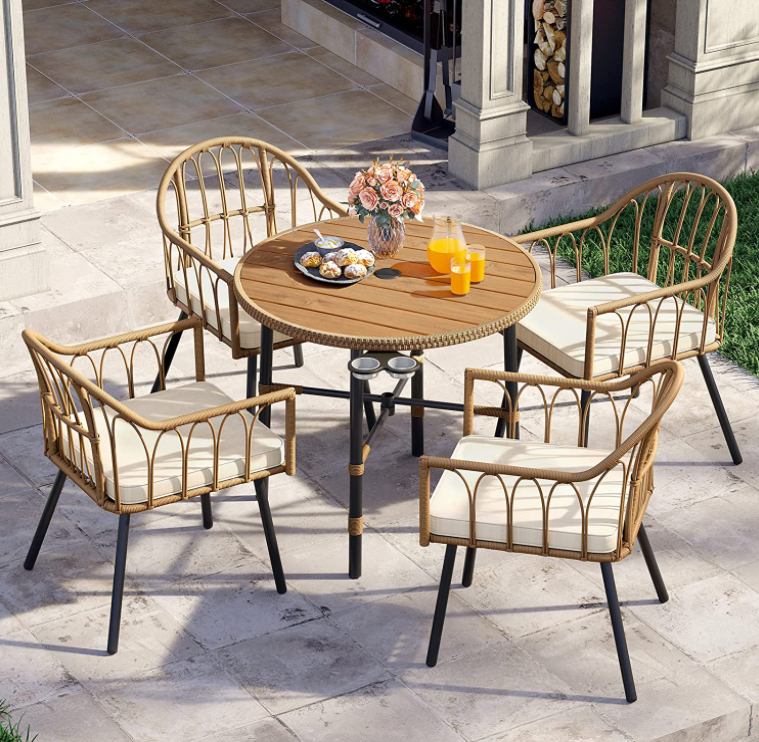 5 Piece Outdoor Patio Dining Table Set, All Weather Wicker Cutlery Set Furniture, Patio, Backyard, Balcony, Garden Sectional Conversation Rattan Cutlery Set (with Umbrella Holes