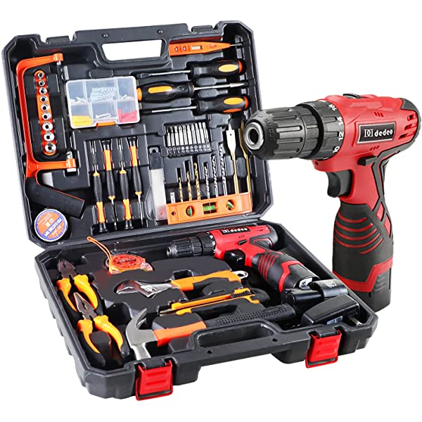 Dedeo Tool Set with Drill, 108Pcs Cordless Drill Household Power Tools Set with 16.8V Lithium Driver Claw Hammer Wrenches Pliers DIY Accessories Tool Kit Medium