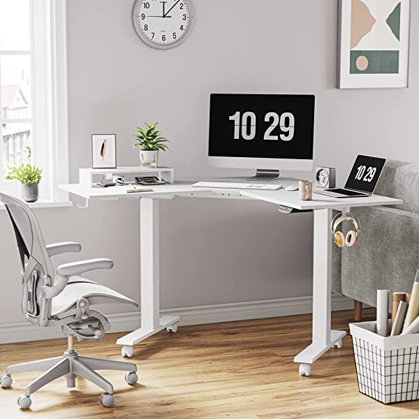FEZIBO Dual Motor L-Shaped Electric Standing Desk, 48 Inches Height Adjustable Corner Desk, Full Sit Stand Home Office Table with Splice Board, Black Frame/Rustic Brown Top