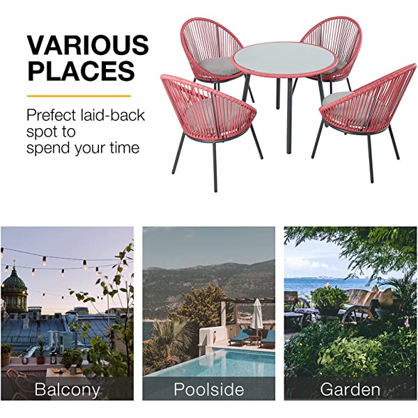 OC Orange-Casual 5 Pieces Patio Conversation Set, Outdoor Furniture Set, All-Weather Wicker Chairs with Round Glass Top Table and 4 Chairs, for Garden,Backyard, Indoor Outdoor Use, Yellow