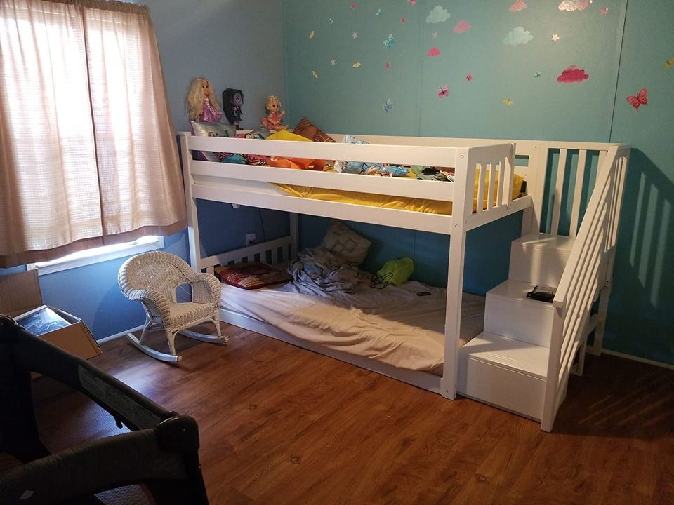 Low Bunk Bed, Twin-Over-Twin Bed Frame for Kids with Stairs & Slide, Clay