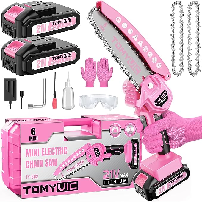 Mini Chainsaw 6 Inch Battery Operated - Pink Cordless Electric Handheld Chainsaw with 2 Rechargeable Batteries - 21V Small Power Chainsaw Battery Operated for Tree Pruning Wood Cutting