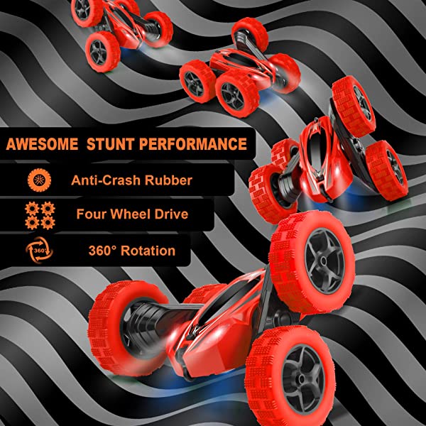 ORRENTE RC Cars Stunt Car Toy Remote Control Car, Offroad Remote Control Monster Trucks 4WD 2.4Ghz RC Rock Crawler with Headlights, Double Sided 360° Flips RC Car Toys Gift for Kids Boys Girls (Red)