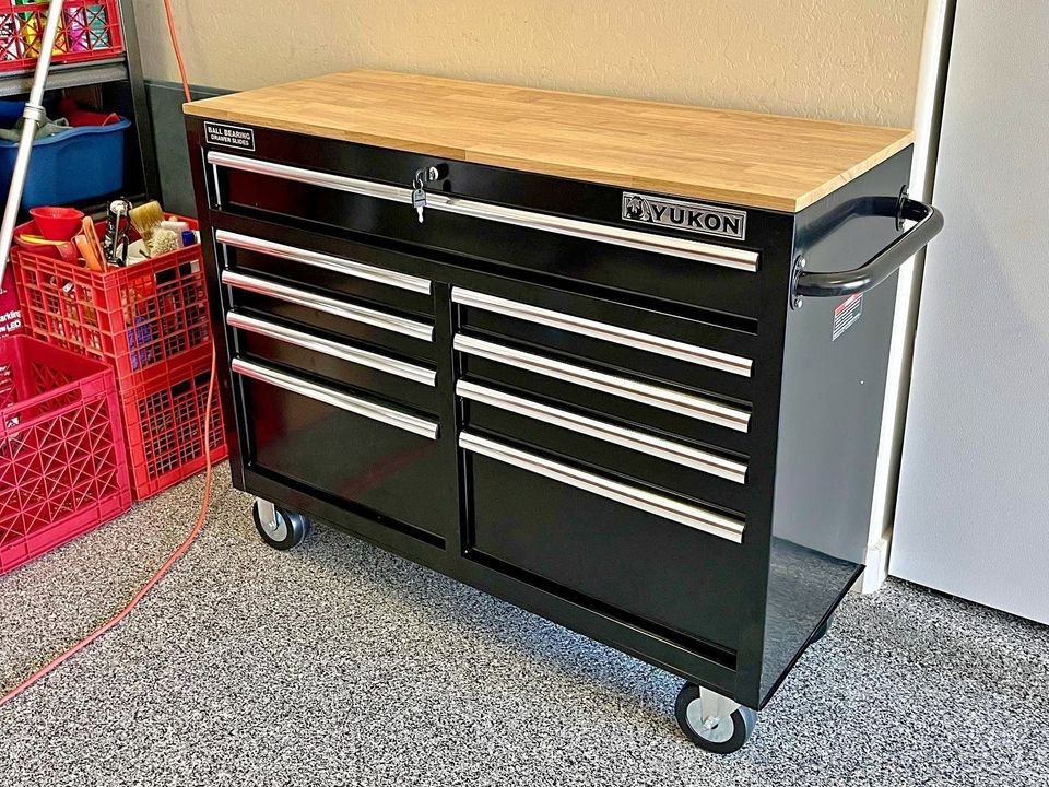 46 in. 9 Drawer Mobile Storage Cabinet with Solid Wood Top.