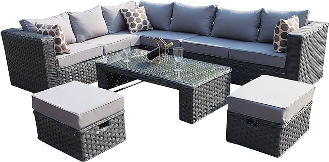 YAKOE 50020 Poppy Greenhouse Modular 9-Seater Rattan Corner Garden Sofa Furniture Set - Gray