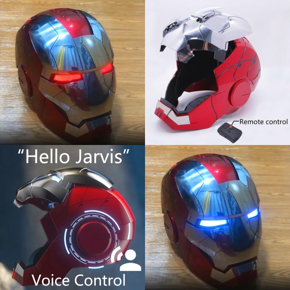 Adult Iron-Mans Helmet Electronic MK 5 Helmet with Jarvis Voice/Sensing/Remote Control Open/Close Sounds & LED Eyes Light Up Super Hero Movie 1:1 Model for Halloween