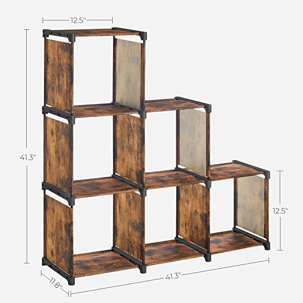 SONGMICS 6-Cube Storage Rack, Staircase Organizer, DIY Storage Shelf, Bookcase in Living Room, Children’s Room, Bedroom, for Toys and Daily Necessities, Rustic Brown ULSN063X12