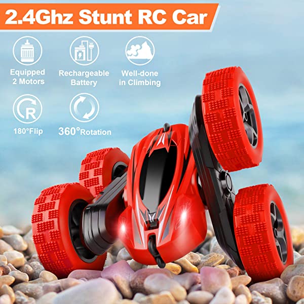 ORRENTE RC Cars Stunt Car Toy Remote Control Car, Offroad Remote Control Monster Trucks 4WD 2.4Ghz RC Rock Crawler with Headlights, Double Sided 360° Flips RC Car Toys Gift for Kids Boys Girls (Red)