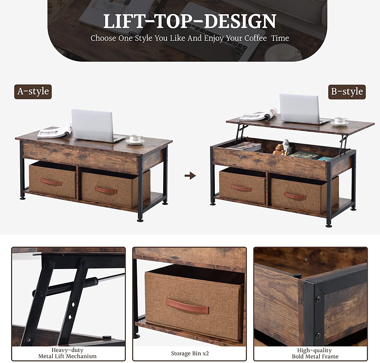Lift Top Coffee Table, Coffee Table with 2 Storage Boxes & Hidden Compartment, Center Table for Living Room, with Storage Shelf and Metal Frame, Wooden Lift Tabletop, Modern Retro Central Table